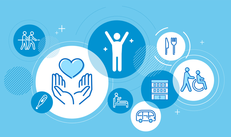 Long-term care image,group of icon,blue background,vector illustration