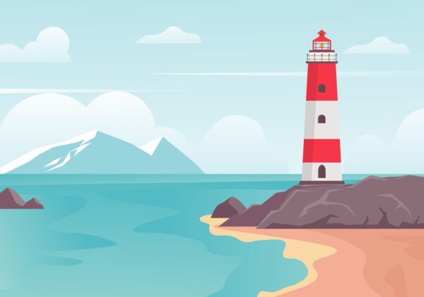 Illustrasjon av fyrtårn ved havet