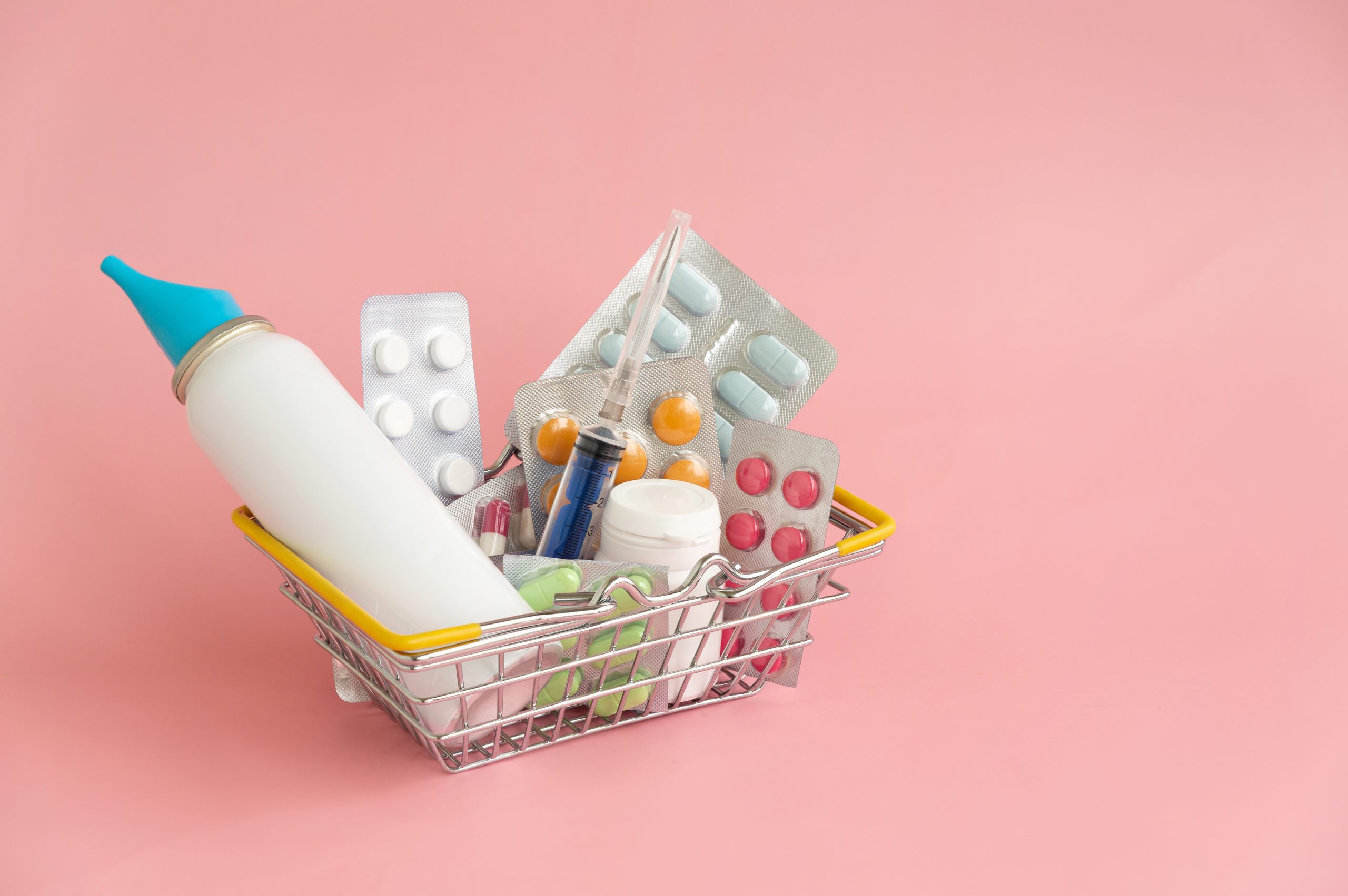 Shopping,Basket,With,Medicinal,Pills,And,Tablets,Closeup,Isolated,On