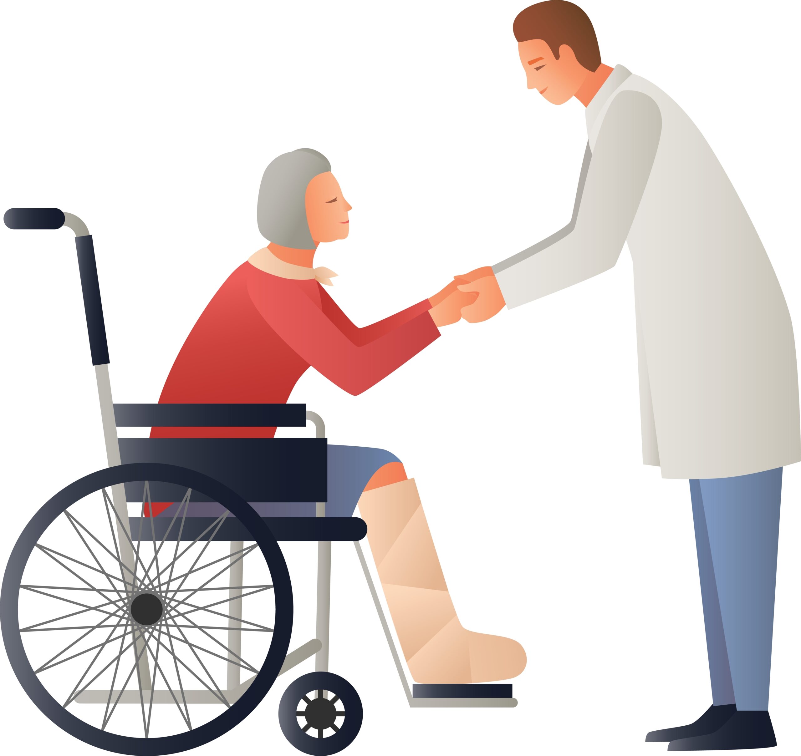 Geriatrisk pasient i rullestol som holder hender med helsepersonell.